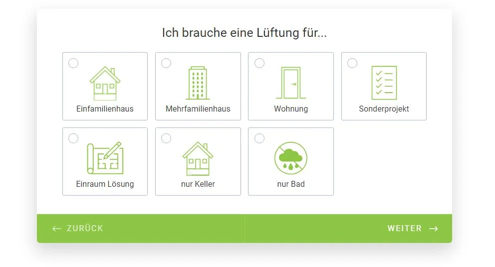 Erste Seite des Anfrageformulars für eine Hauslüftung mit aktivem Link zum Absenden