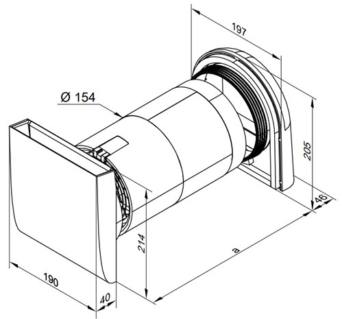 Maßzeichnung des Vitovent dezentrales Lüftungsgerät 050-D von Viessman